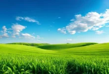 Paisagem serena de campos verdes simbolizando sustentabilidade.