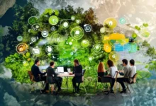 Grupo de empreendedores discutindo ideias sustentáveis.