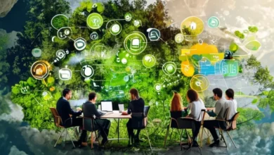 7 Estratégias para Escalar Seu Negócio com Crescimento Sustentável em 2025 - Web Nômade Digital Grupo de empreendedores discutindo ideias sustentáveis.
