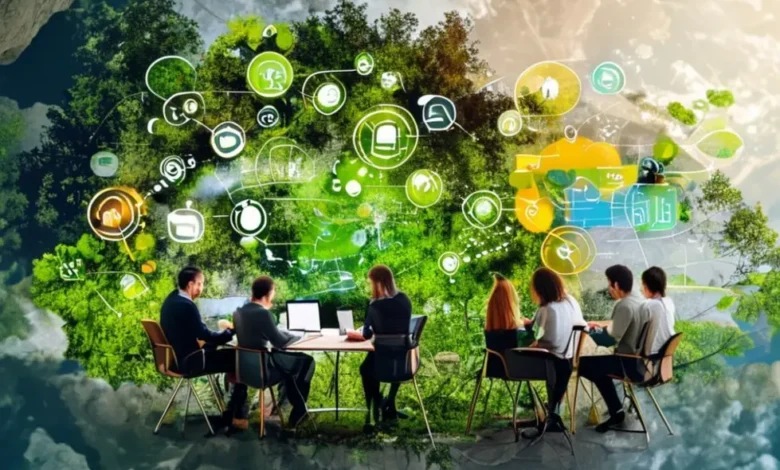 Grupo de empreendedores discutindo ideias sustentáveis.