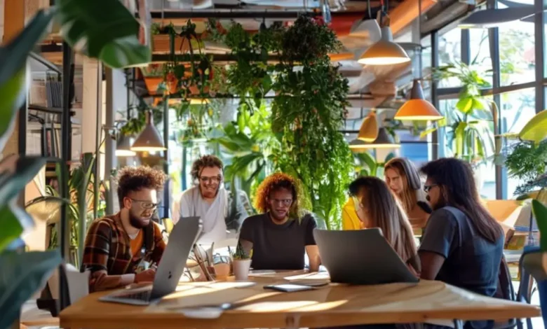 Grupo de nômades digitais em um ambiente de trabalho ecológico, simbolizando união e crescimento sustentável.