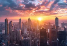 Um nascer do sol sobre uma cidade, simbolizando novas oportunidades para empreendedores.