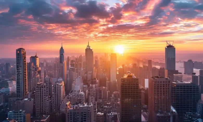 Um nascer do sol sobre uma cidade, simbolizando novas oportunidades para empreendedores.