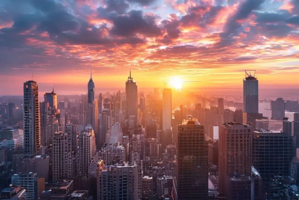 Um nascer do sol sobre uma cidade, simbolizando novas oportunidades para empreendedores.