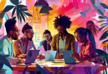 Imagem de um grupo de empreendedores colaborando em ideias de negócios.