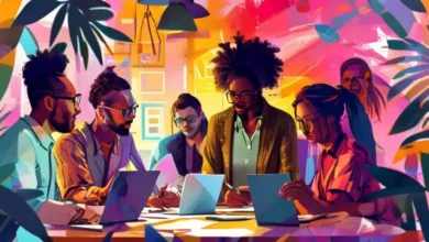 Desmistificando o Empreendedorismo: Mitos e Verdades que Todo Futuro Dono de Negócio Deve Saber - Web Nômade Digital Imagem de um grupo de empreendedores colaborando em ideias de negócios.