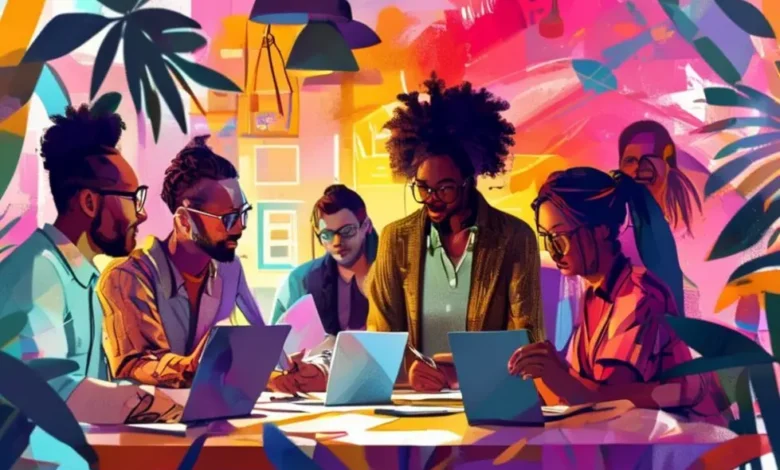 Imagem de um grupo de empreendedores colaborando em ideias de negócios.