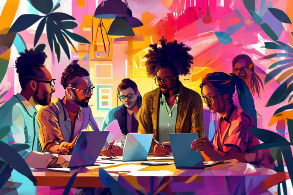 Imagem de um grupo de empreendedores colaborando em ideias de negócios.