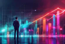 Empreendedor diante de um gráfico digital mostrando crescimento.