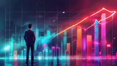 Empreendedor diante de um gráfico digital mostrando crescimento.