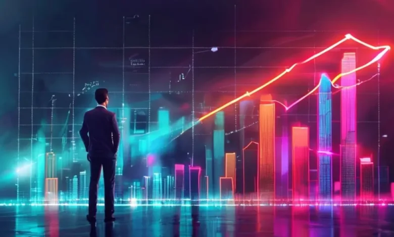 Empreendedor diante de um gráfico digital mostrando crescimento.