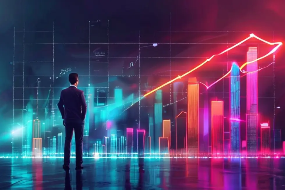 Empreendedor diante de um gráfico digital mostrando crescimento.