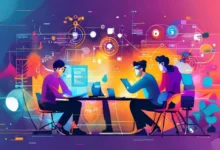 Imagem vibrante de empreendedores digitais colaborando em práticas de gestão estratégica.