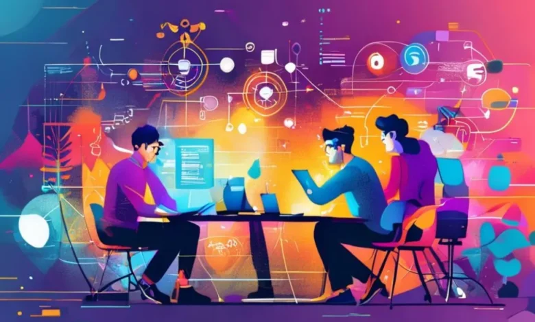 Imagem vibrante de empreendedores digitais colaborando em práticas de gestão estratégica.