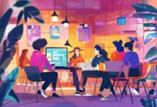 Grupo de nômades digitais colaborando em um projeto em co-working.