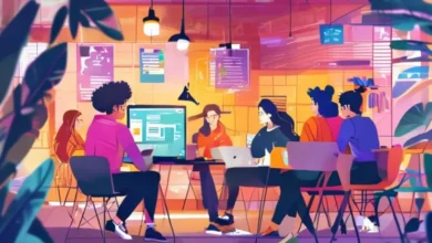 Grupo de nômades digitais colaborando em um projeto em co-working.