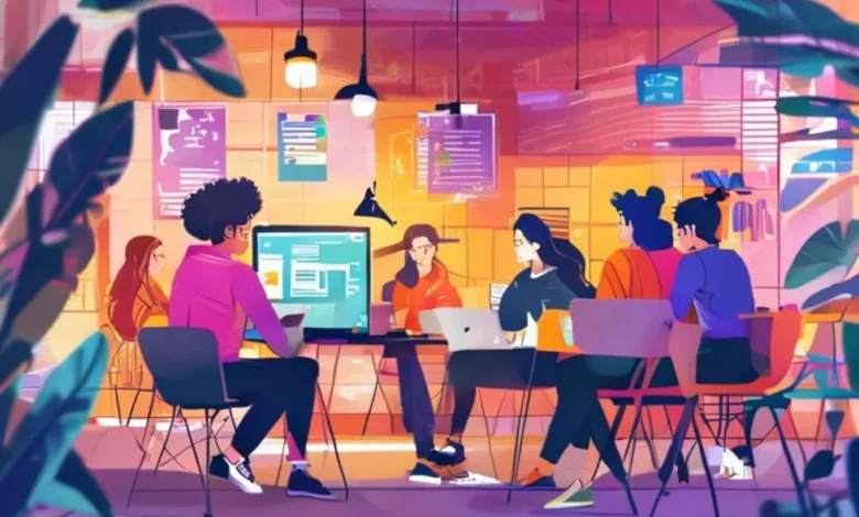 Grupo de nômades digitais colaborando em um projeto em co-working.