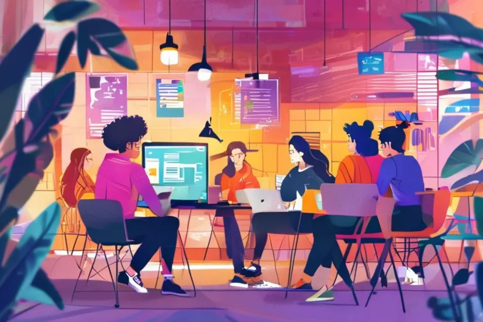 10 Estratégias de Gestão Estratégica para Nômades Digitais e Empreendedores - Web Nômade Digital Grupo de nômades digitais colaborando em um projeto em co-working.