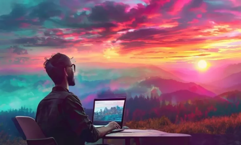 Um nômade digital trabalhando em um ambiente inspirador.