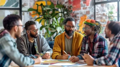 Grupo diversificado de mentorados e mentor discutindo ideias em um ambiente criativo.