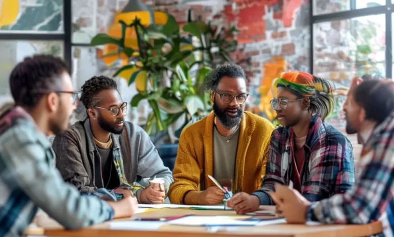 Grupo diversificado de mentorados e mentor discutindo ideias em um ambiente criativo.