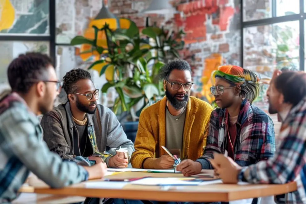 7 Passos para Estruturar uma Mentoria Empresarial de Alto Impacto - Web Nômade Digital Grupo diversificado de mentorados e mentor discutindo ideias em um ambiente criativo.