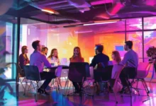 Grupo de empreendedores discutindo ideias em um ambiente de reunião vibrante.