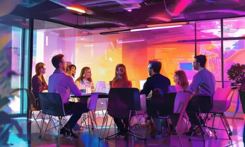 Grupo de empreendedores discutindo ideias em um ambiente de reunião vibrante.