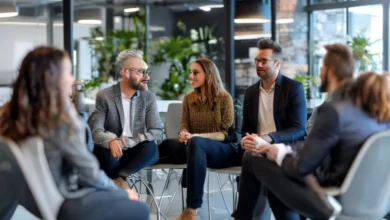 Grupo diversificado de profissionais participando de uma sessão de mentoria.