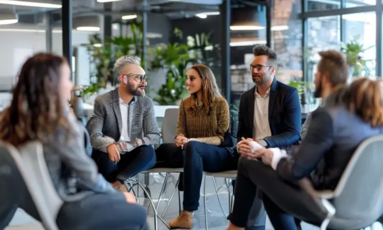 Grupo diversificado de profissionais participando de uma sessão de mentoria.