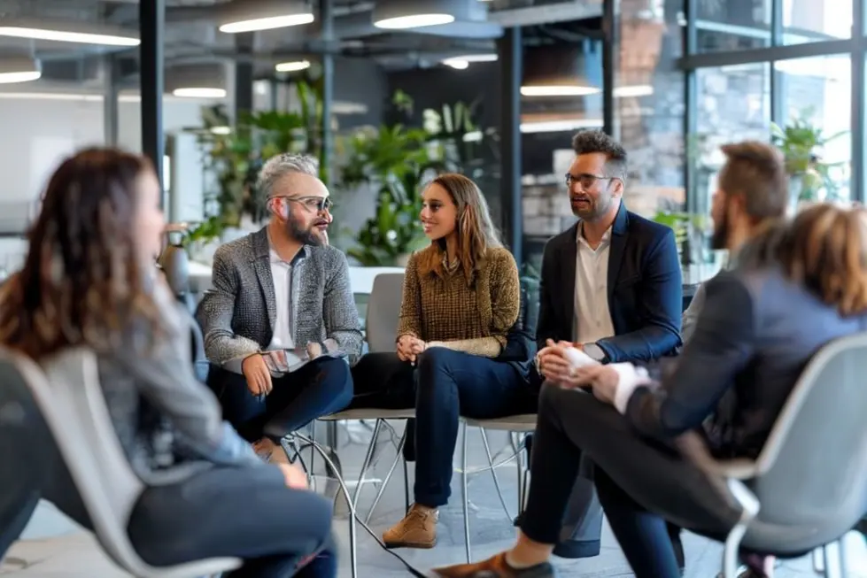 Grupo diversificado de profissionais participando de uma sessão de mentoria.