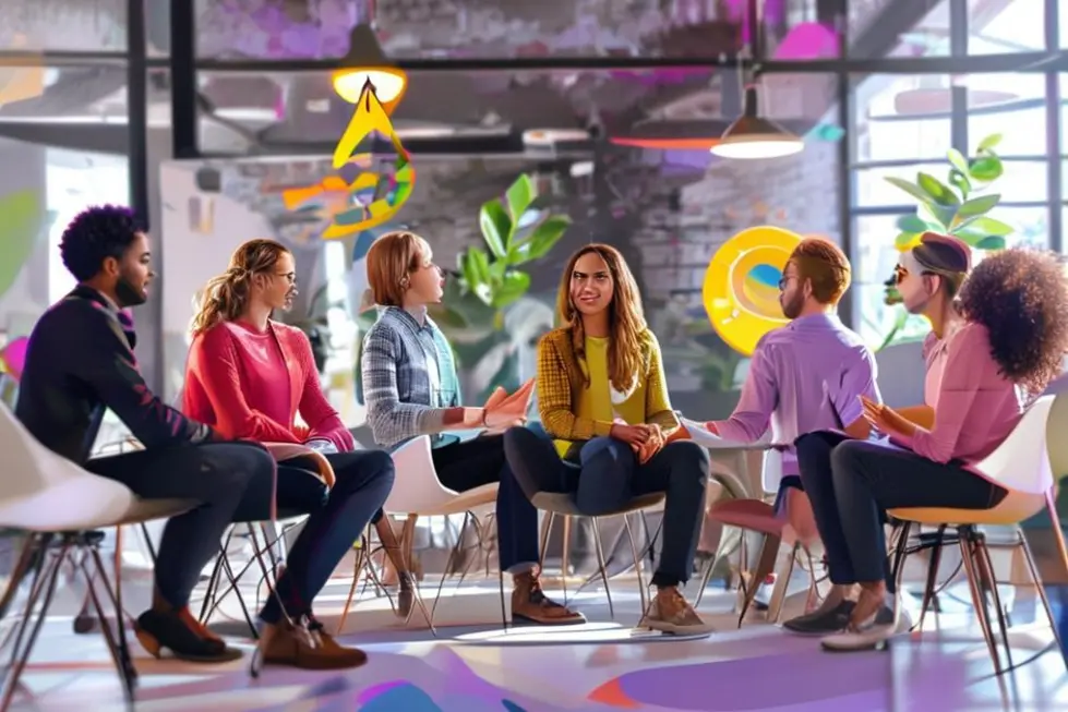 Mentores e mentorados em programa de mentoria colaborativa.