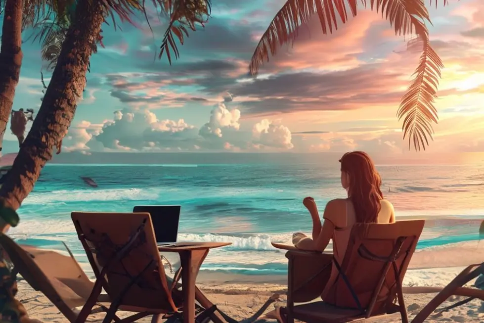 Digital nomad at a beach cafe working on a laptop