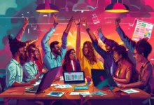 Uma equipe diversa celebrando o lançamento de um negócio com estratégias de mercado.