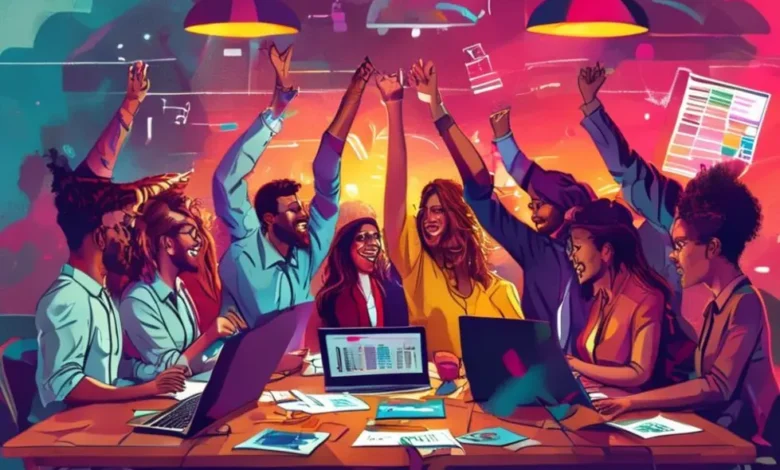 Uma equipe diversa celebrando o lançamento de um negócio com estratégias de mercado.