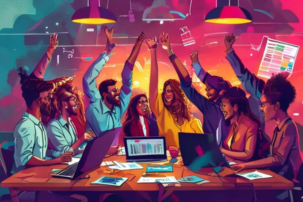 Uma equipe diversa celebrando o lançamento de um negócio com estratégias de mercado.