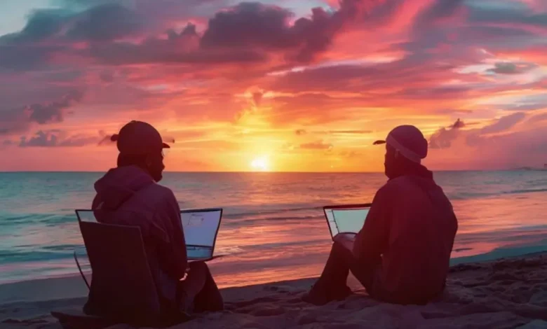 Um nômade digital utilizando um laptop na praia ao pôr do sol.