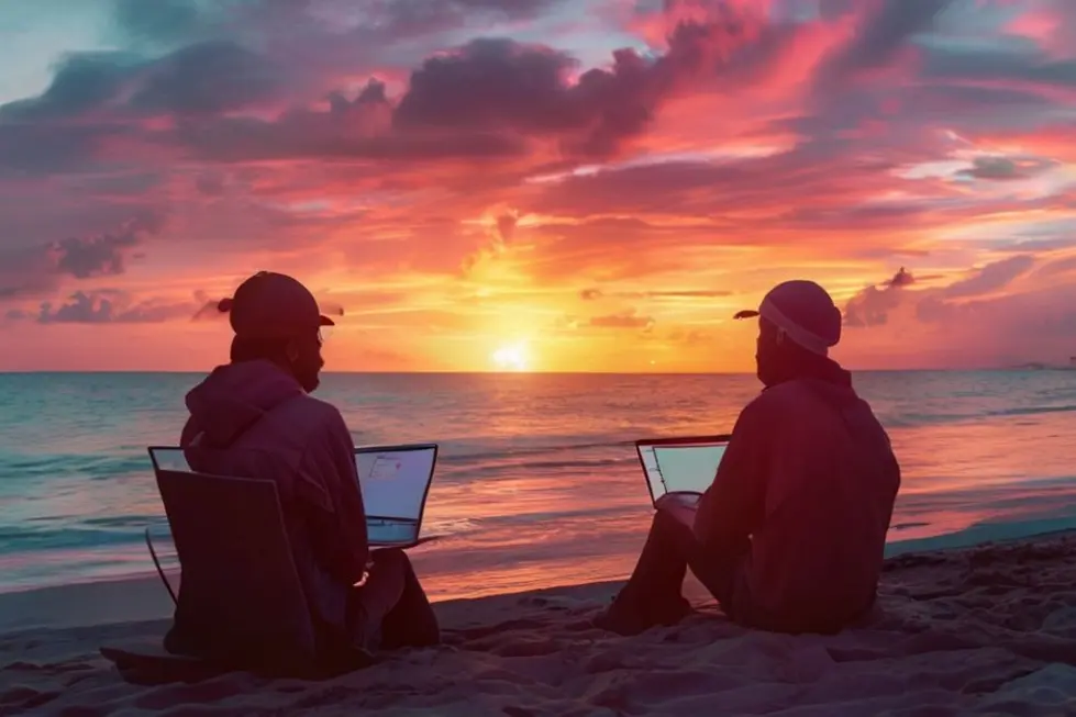 7 Tendências Imperdíveis para Nômades Digitais em 2025 - Web Nômade Digital Um nômade digital utilizando um laptop na praia ao pôr do sol.