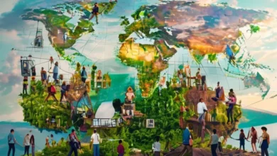 Grupo de nômades digitais trabalhando em um ambiente sustentável.