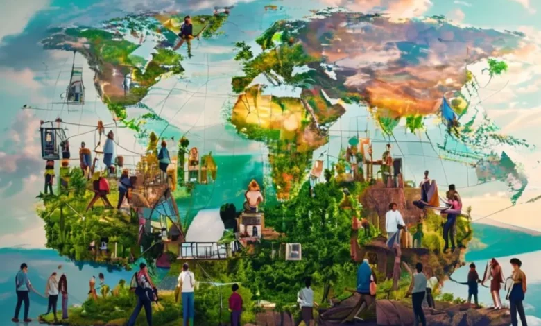 Grupo de nômades digitais trabalhando em um ambiente sustentável.