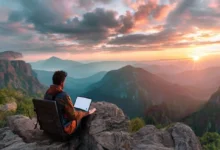 Nômade digital trabalhando em um cenário inspirador.