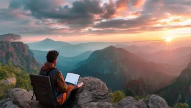 Nômade digital trabalhando em um cenário inspirador.