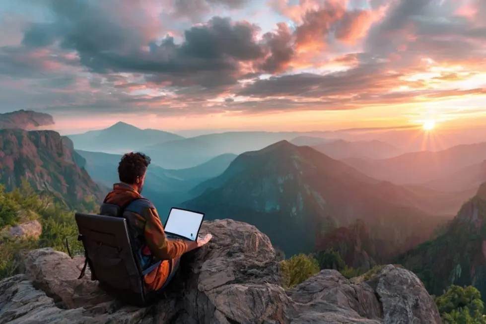 Nômade digital trabalhando em um cenário inspirador.