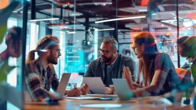 Imagem de um grupo de empreendedores e nômades digitais colaborando em um ambiente moderno sobre estratégias de crescimento de negócios.