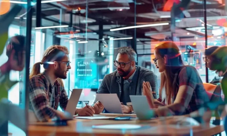 Imagem de um grupo de empreendedores e nômades digitais colaborando em um ambiente moderno sobre estratégias de crescimento de negócios.