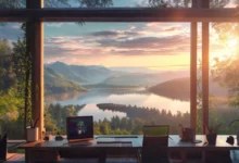 Espaço de trabalho digital nômade pacífico com vista para uma paisagem serena.