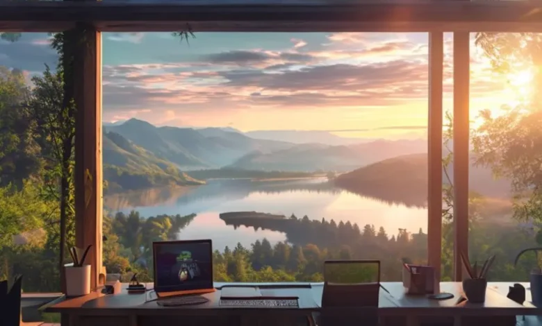 Espaço de trabalho digital nômade pacífico com vista para uma paisagem serena.