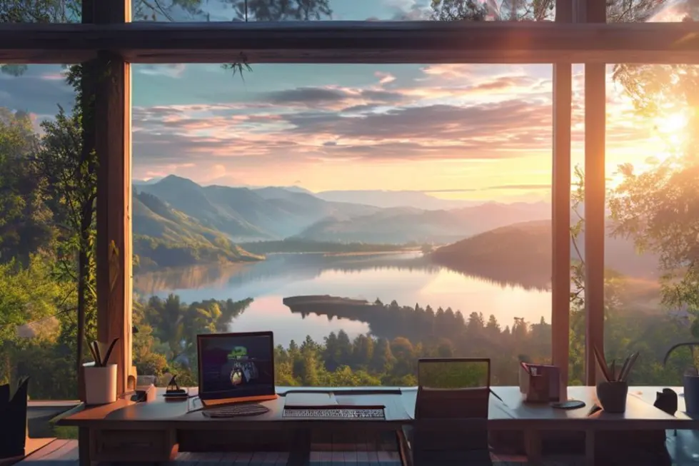 Espaço de trabalho digital nômade pacífico com vista para uma paisagem serena.