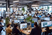 Imagem de profissionais trabalhando remotamente em um ambiente colaborativo.