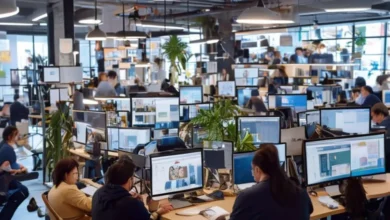 Imagem de profissionais trabalhando remotamente em um ambiente colaborativo.